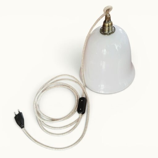 Suspension opaline campaniforme cloche verre soufflé années 50 montage artisanal Kunz Design Galerie